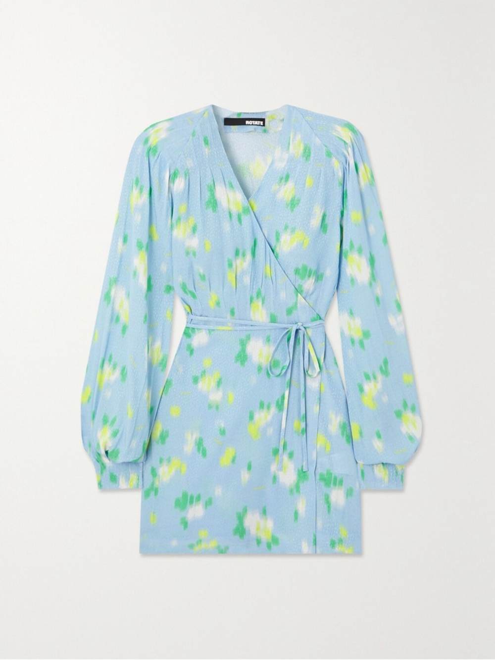 Rotate Birger Christensen Pale Blue Floral Tie-Waist Long Sleeve Dress